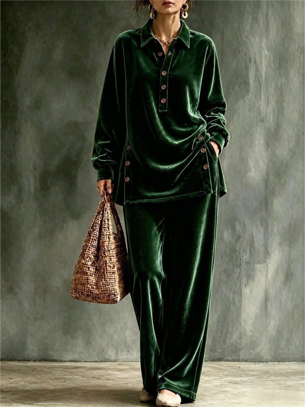 Green Boho Women's Half Button Long Sleeve Loose Top And Wide Leg Pants Set